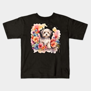 A havanese decorated with beautiful watercolor flowers Kids T-Shirt